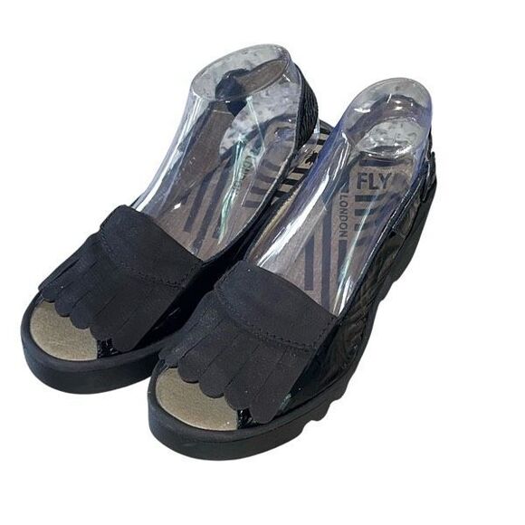 Fly London Womens Patent Bind303Fly Slingback Platform Sandals Black Size 41 US - Picture 1 of 9